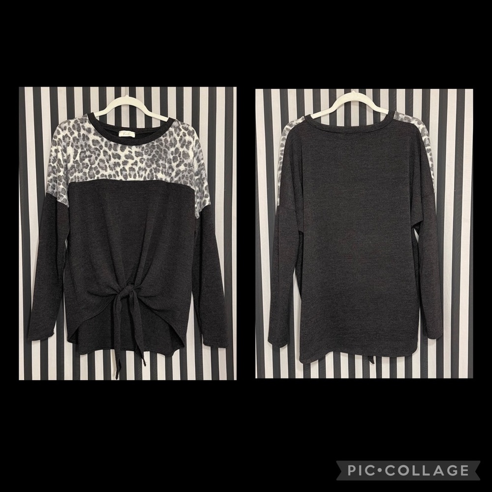 Riah Fashion Womens Black Grey Cheetah Print Long Sleeve Pullover Size L